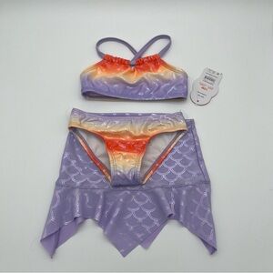Two piece swim suit with mermaid skirt cover. Purple orange shimmer 18 months